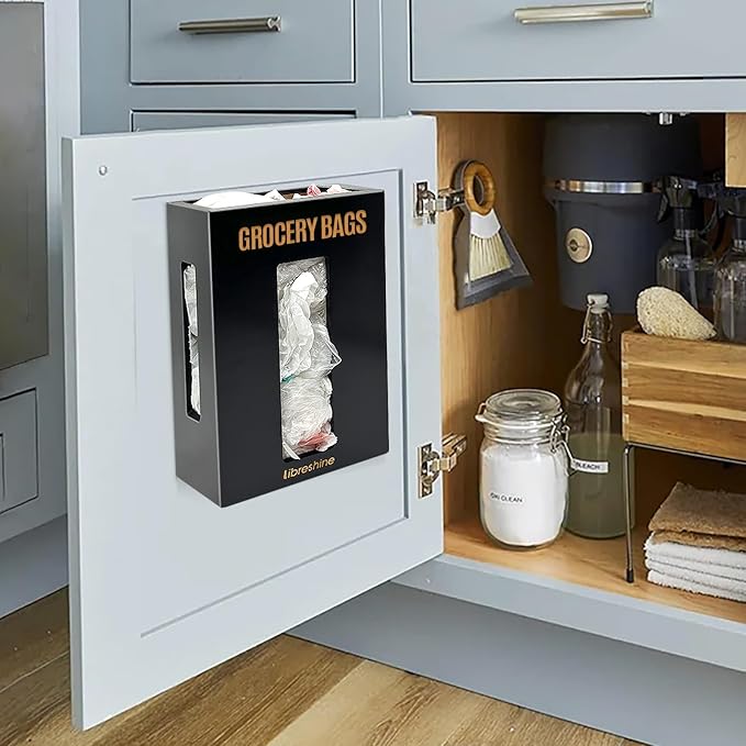 Extra Large Bamboo Plastic Bag Holder Black- Under Sink, Cabinet & Wall Mount Storage - Multipurpose Gorcery Bag Organizer with Space-Saving Design for Kitchen, Pantry, Bathroom, Garage