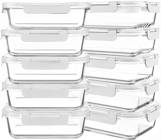 KOMUEE 10 Packs 30 oz Glass Meal Prep Containers,Glass Food Storage Containers with Lids,Airtight Lunch Bento Boxes,Microwave, Oven, Freezer and Dishwasher,White