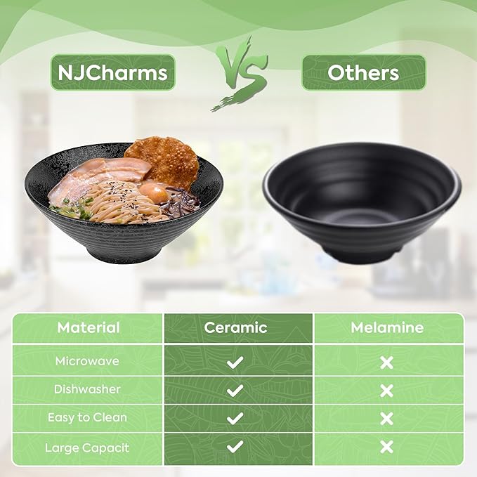 NJCHARMS Ceramic Ramen Bowl Set of 2, 60 oz Japanese Noodle Soup Bowls with Spoons and Chopsticks for Ramen Soup Pho Udon Asian Noodles, Large Noodle Bowls