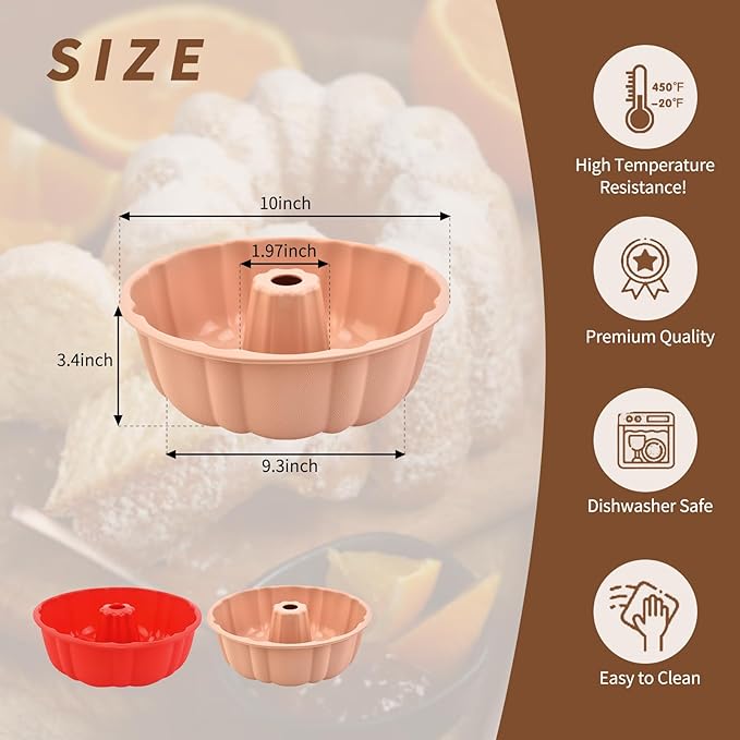 2 Pack Silicone Cake Pan Nonstick,10 Inch, Silicone Cake Molds,Pound Pan, Baking Cake Pan for Jello,Gelatin,Cake,Brownie and Bread (Red+Pink)