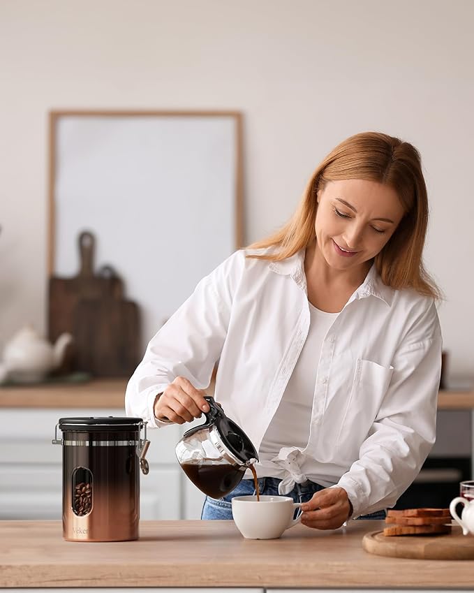 Veken Coffee Canister with Window,Airtight Stainless Steel Kitchen Food Storage Container, Date Tracker & Scoop for Grounds Coffee, Beans, Tea,Flour,Cereal,Sugar,22OZ,Copper