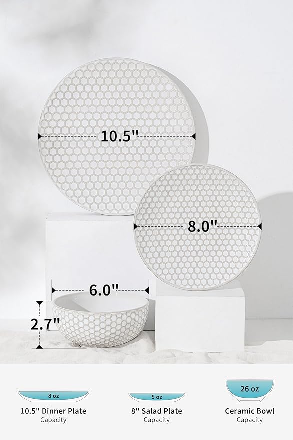Dinnerware Sets for 4, Ceramic Microwave Safe Plates and Bowls Sets, 12 Piece Matte Chip Resistance Dish Set, Home Essentials Embossment Stoneware Dinnerware Set, Wedding Gift