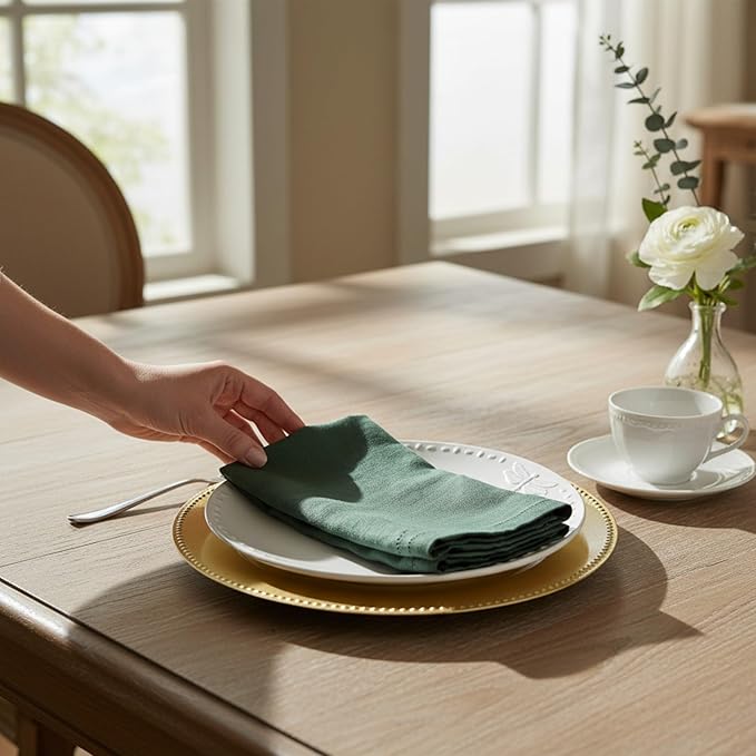 Hemstitched Linen Napkins – 20 Inch x 20 Inch – Stonewashed Pure Linen Cloth Dinner Napkins with Mitered Corners - 100% French Flax – Machine Washable - Set of 4 (Soft Rustic Green)