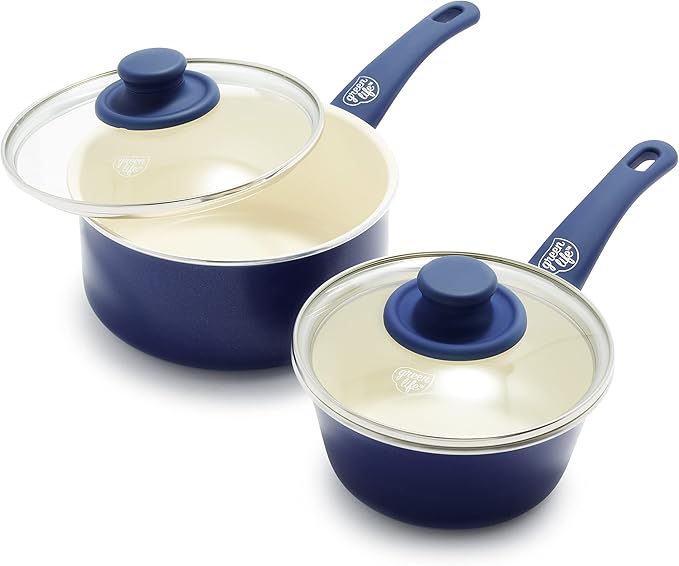 GreenLife Soft Grip 1QT and 2QT Saucepan Set, Healthy Ceramic Nonstick, Non Toxic PFAS & PFOA-Free, Dishwasher Safe, Glass Lids, Stay-Cool Handles, Easy Clean Cookware, Kitchen Essentials, Blue