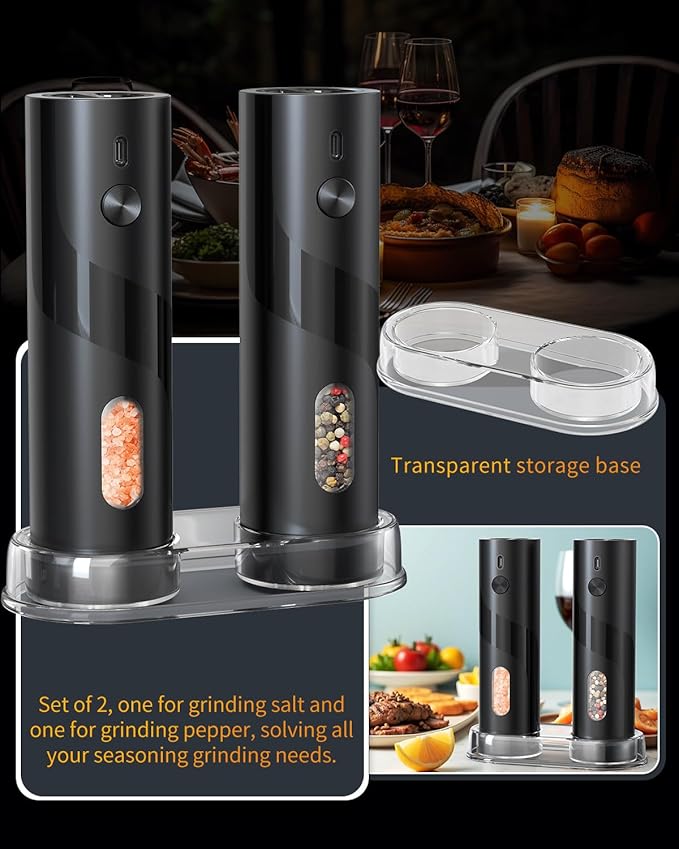 CIRCLE JOY Rechargeable Electric Salt and Pepper Grinder Set with Base, Automatic Pepper Mill Grinders with 110ml Container, Adjustable Coarseness and White LED Light, Black