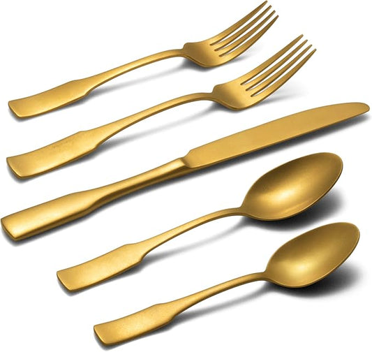 Alata Kate Gold Tumbled 20-Piece Silverware Set,Service for 4,Stainless Steel Flatware Set,Tumbled Cutlery Set,Dishwasher Safe