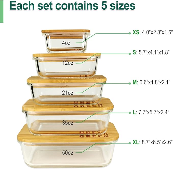 Urban Green Glass Containers with Bamboo Lids, Meal Prep Glass Food storage Container Set, 5 Pack, Pantry & Kitchen Organizer, Microwave, Oven, Freezer Safe