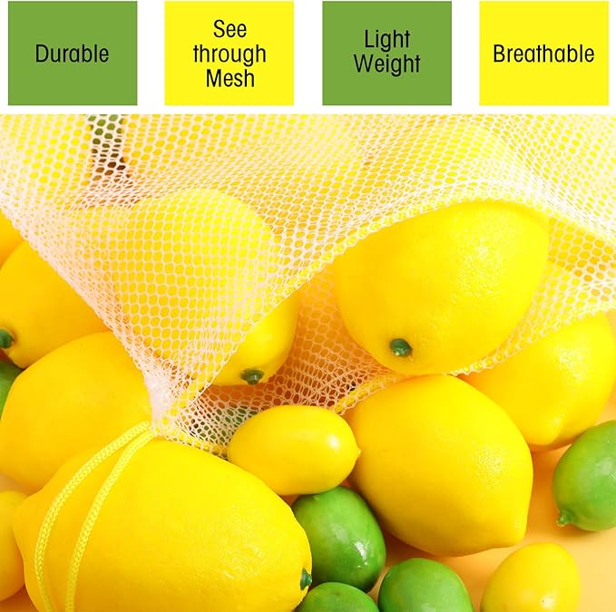 Frienda 20 Pcs Mesh Bags for Toys Storage 3 Sizes Reusable Produce Bags with Drawstring for Beach Bath Pool Toy Organizer, Fruits Vegetable Grocery Playroom Storage(Green, Yellow, Rose Red)