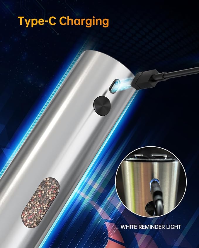 CIRCLE JOY Rechargeable Electric Salt and Pepper Grinder Set with Base, Automatic Stainless Steel Pepper Mill Grinders with 110ml Container, Adjustable Coarseness and White LED Light, Silver