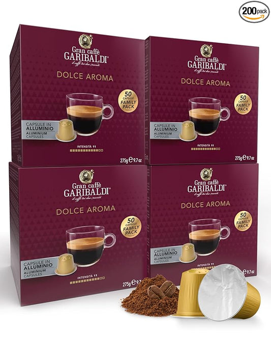 Gran Caffè Garibaldi Espresso Pods, Italian Roasted Coffee, Compatible Nespresso Original Line Machines, Nitrogen Flushed, Intense Aroma, Full-Bodied Crema - Dolce Aroma 200 Aluminum Cups