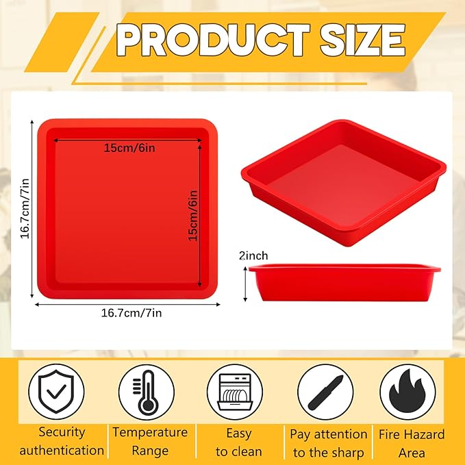 Geetery Set of 4 Silicone Square Cake Pan Silicone Brownie Pan Nonstick Baking Mold for Muffin Bread Rice Crispy Lasagna Pie, Red(6 x 6 x 2 Inches)