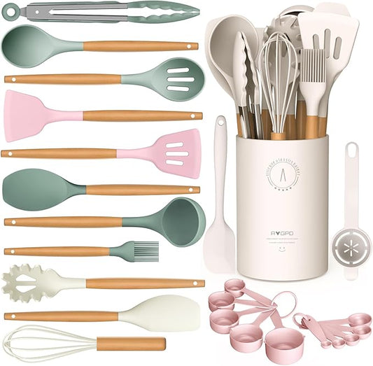 Silicone Cooking Utensils Set - Silicone Kitchen Utensils for Cooking Wooden Handles, 446°F Heat Resistant Kitchen Utensil Spatula Sets w Holder, Gadgets for Non-Stick Cookware BPA FREE (Multicolour)