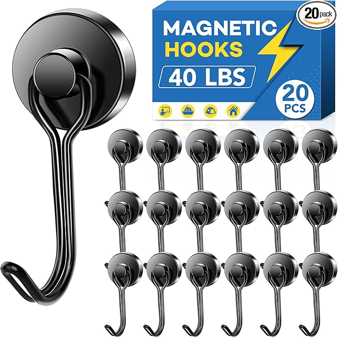 LOVIMAG Hooks, 40lbs+ Magnetic Magnet Hook 2025 Cruise Cabin Ship Essentials Heavy Duty Strong Refrigerator Fridge Hanging for Classroom Beach Vacation Kitchen Grills Home Mug Hanger (20 Pack), Black