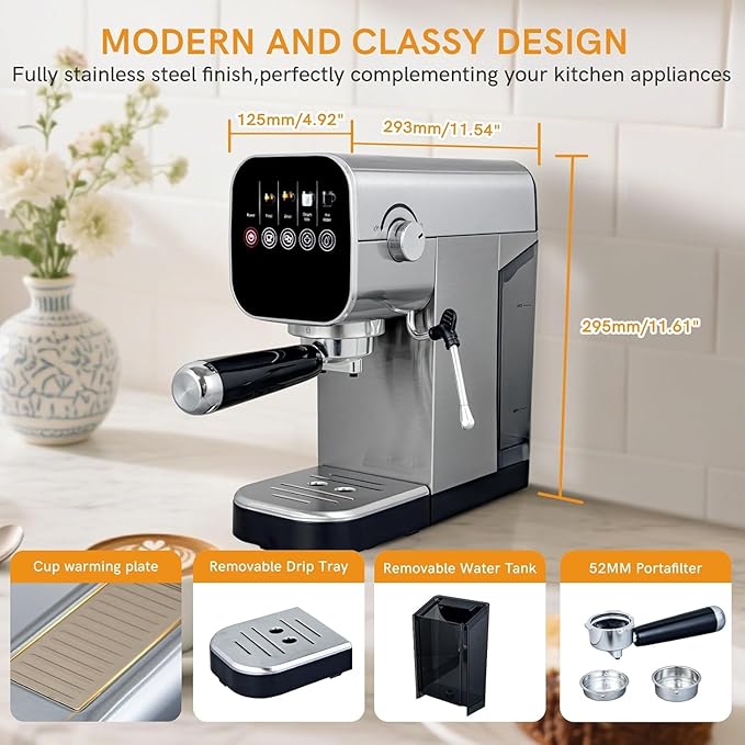 Espresso Machine with Steam Milk Frother Compact Cappuccino Machine with Programmable to Customized Americano Touch Screen Coffee Maker for Latte, Hot Water Stainless Steel