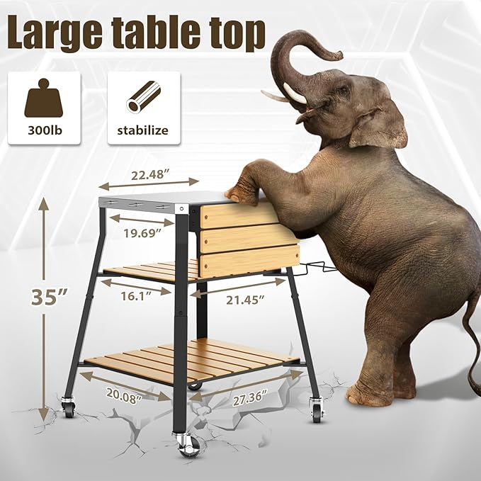 Pizza Oven Stand & Shelf for Solo Stove Pi Pizza Oven, Outrdoor XSKUNStand for Ninja Woodfire, Kitchen Table for Cooking with Stainless Steel Top, WPC Storage Shelves, Lockable 360° Swivel Wheels