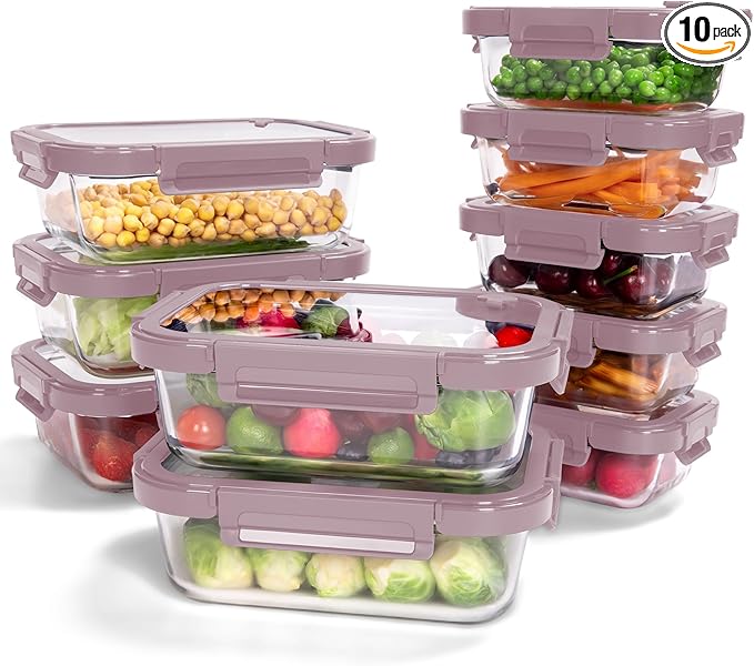 10-Pack Glass Food Storage Containers with Tempered Lids – Borosilicate, Airtight, Oven-Safe (-4°F~950°F), BPA-Free, 4.4 & 1.6 Cup, Leak-Proof, Dishwasher Safe (Pink)