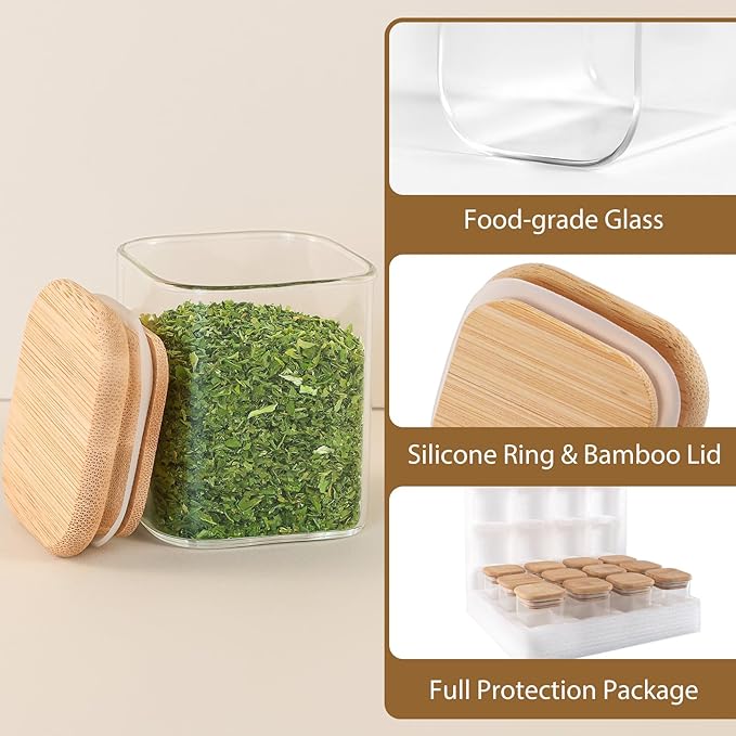 12 Pack 4 oz Square Glass Spice Jars with Lids and Labels – Airtight Small Seasoning Containers Set, Clear Glass Storage Jars for Seasoning, Spices, Kitchen Pantry Organization