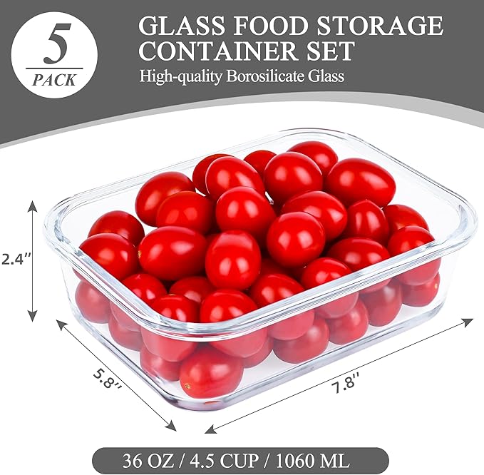 GEHE 5 Pack 36 Oz Glass Food Storage Containers with Lids, Glass Meal Prep Containers, Kitchen Airtight Lunch Storage Containers with Lids, Safe for Freezer, Oven, Dishwasher, BPA Free