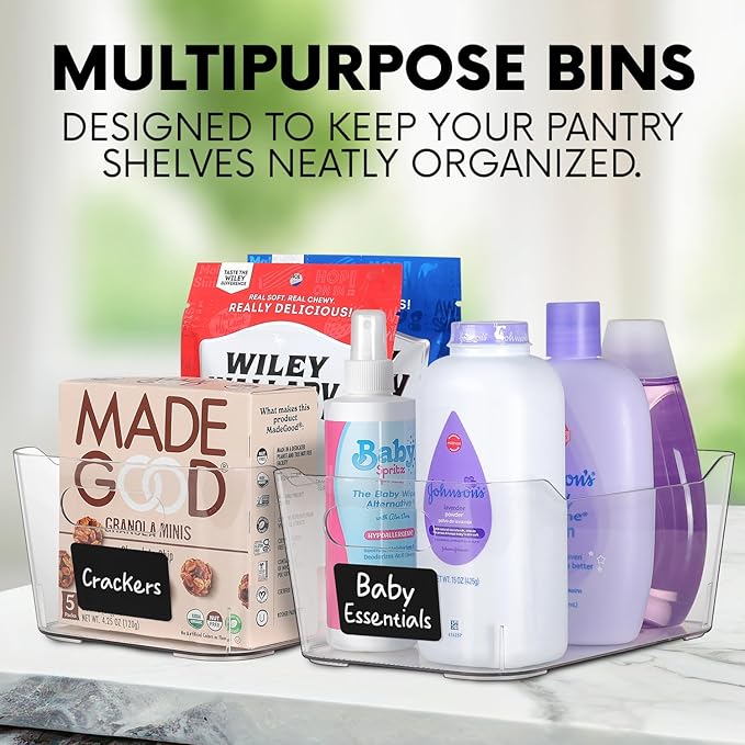 Clear Plastic Storage Bins with Labels, Pantry Organizers and Storage Containers Fridge Organizer Bins Kitchen Cabinet Organization for Organizing Medicine Cabinet Organizer Bin Bathroom Refrigerator