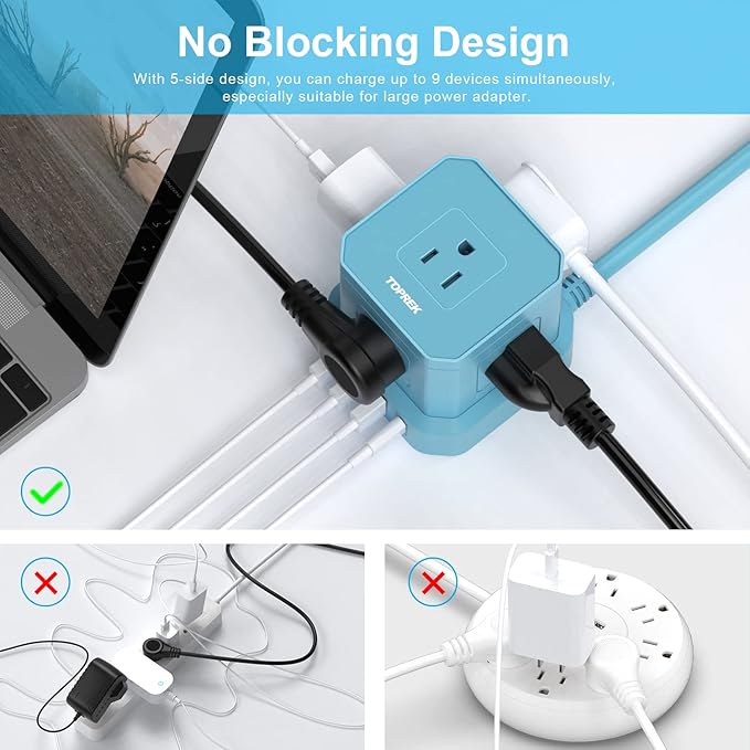 Power Strip with USB-C (3.0A), TOPREK Surge Protector (700J), TOPREK 10 FT Extension Cord with Flat Plug, 5 AC Outlets 4 USB, Desk Charging Station for Living Room, Nightstand, Office, Travel