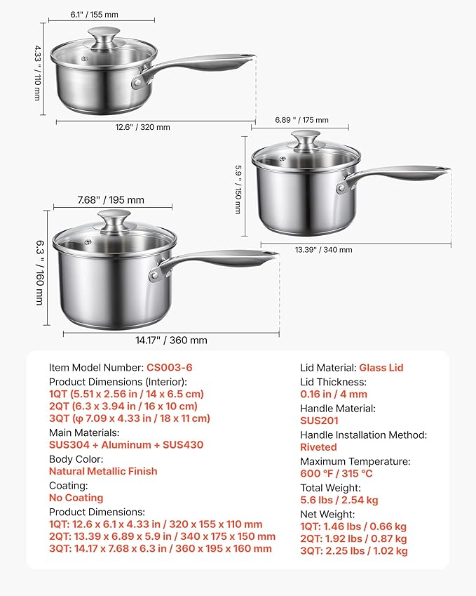 VEVOR Stainless Steel Saucepan Set, 1 QT & 2 QT & 3 QT Saucepans with Glass Lids, Multipurpose Nonstick Stainless Steel Sauce Pot with Ergonomic Handle, Friendly for Oven, Dishwasher, Induction Cooker