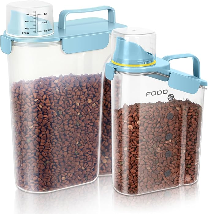 Dog Food Storage Container, Upgraded Large Nozzle BPA-free, 3-5 LBS Plastic Pet Food Storage Containers, With 4 Sealed Clasps, 1 Measuring Cup and Handle (Bright blue-A)