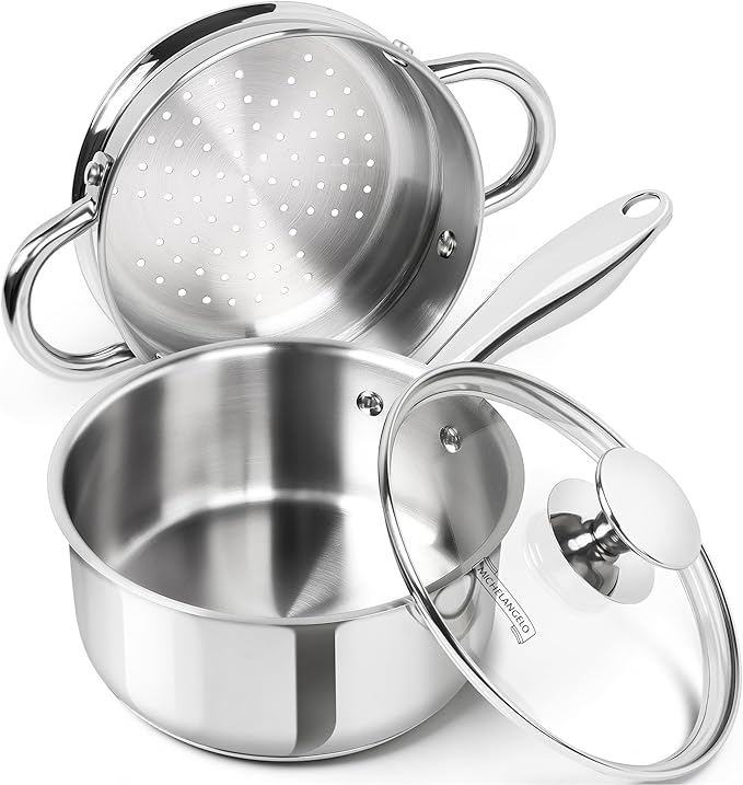 MICHELANGELO 1.5 Quart Saucepan with Steamer, Stainless Steel Saucepan with Lid, Triply Bottom Induction Compatible, Multipurpose Sauce Pot, Dishwasher Safe