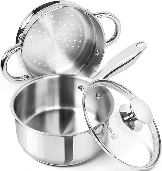 MICHELANGELO 1.5 Quart Saucepan with Steamer, Stainless Steel Saucepan with Lid, Triply Bottom Induction Compatible, Multipurpose Sauce Pot, Dishwasher Safe