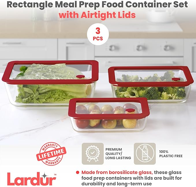 Glass Food Storage Containers with Glass Lids 3 Pack - Rectangle Meal Prep Food Container Set with Airtight Lids - Microwave & Dishwasher Safe 100% Plastic Free, Vented Gift Packaged, Red Color
