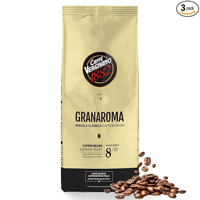 Caffe Vergnano 1882 Gran Aroma Whole Bean Arabica Medium Espresso Roast Coffee, Italian Coffee Beans Notes of Cocoa, Spices and Dried, Intensity 8/10, 3.3 lbs