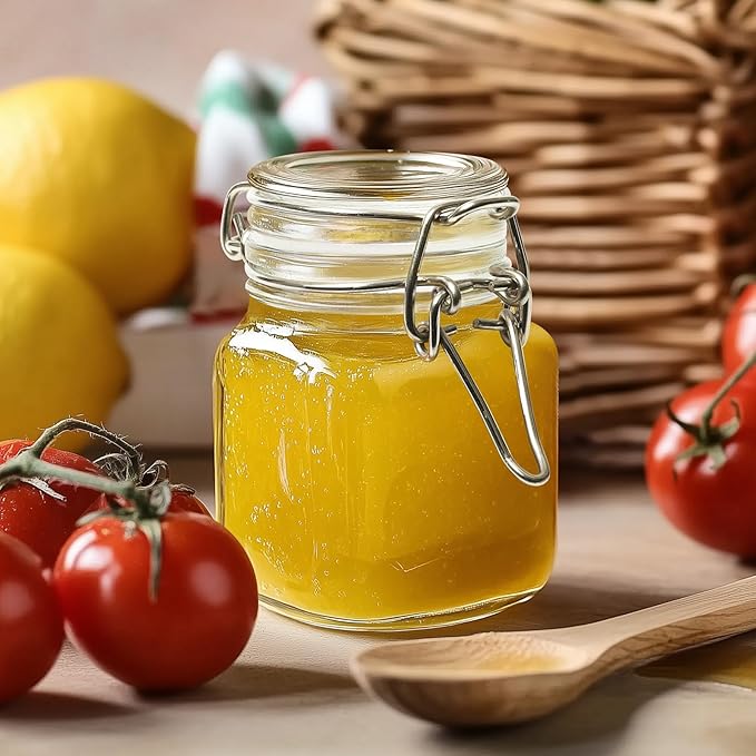 ComSaf 4 oz Glass Jars with Lid, Set of 6 Mini Airtight Glass Jars, Spice Jars, Small Mason Jar, Canning Jar Square with Seal Wire Clip Fastening, Labels & Funnels for Jam, Honey, Kitchen, Wedding