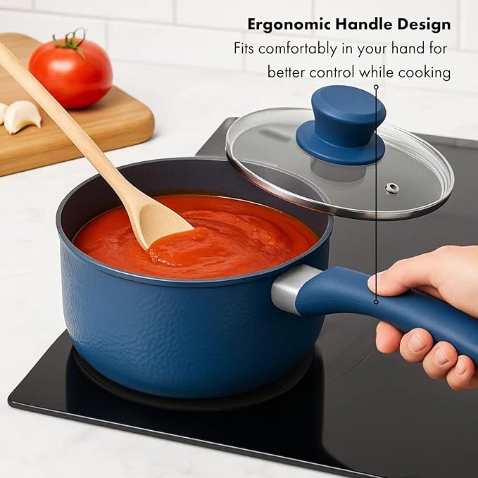 2 Quart Sauce Pan with Lid, Blue Diamond NonStick Small Pot with Tempered Glass Lid, Soft-Touch Handles, Induction Base