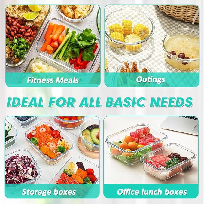 VERONES 12 Packs Glass Food Storage Containers Set, Airtight Glass Lunch Containers, Glass Meal Prep Containers with Lids,Exclusive of BPA, for Microwave, Oven, Freezer & Dishwasher Friendly,Green