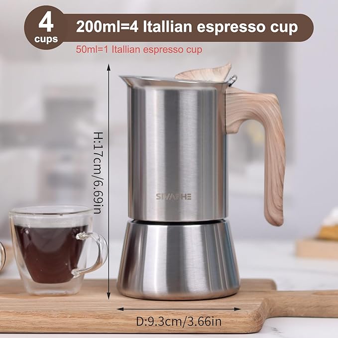 Sivaphe4 cups Stainless Steel Stovetop Espresso Coffee Maker | Induction Support 10 oz Intalian Moka Pot | Durable Cuban Coffee Maker 200ml(1 Cup=50ml)