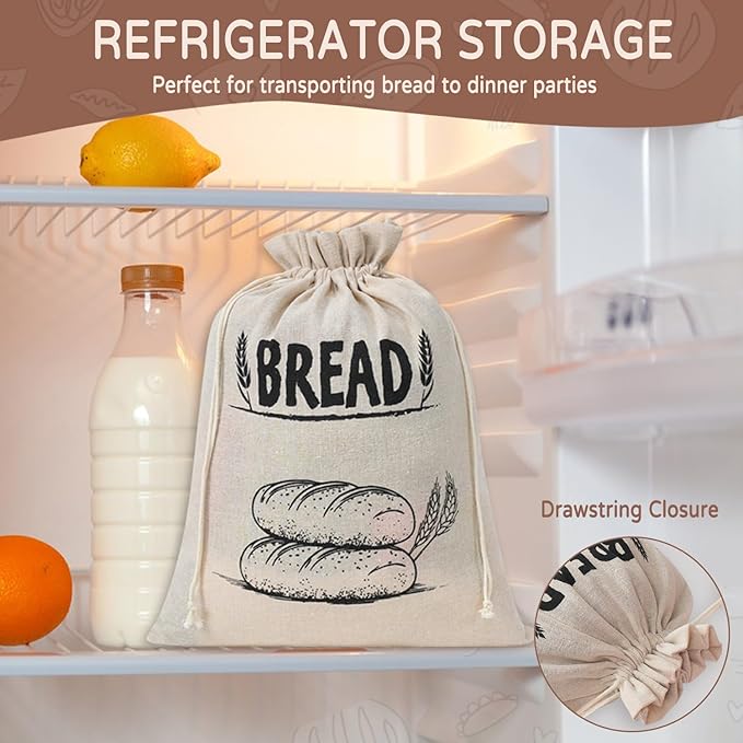 Bread Bags for Homemade Bread, Linen Bread Bag Storage, Reusable Sourdough Bread Bags with Plastic Liner, Drawstring Bread Container for Toast, Loaf,Sandwich Fresh Longer