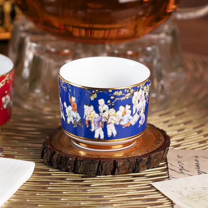 KAMMAK Tea Cups Set of 2, 3.53 Mini Ceramic & Porcelain Tea Mugs - Handleless Vintage, Non-Toxic Handcrafted Cups for Juice, Coffee, Gift(Red+Blue)