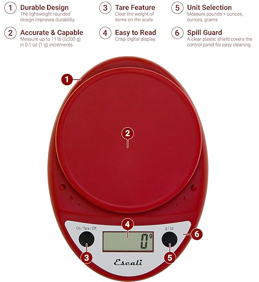 Escali Primo Digital Food Scale Multi-Functional Kitchen Scale and Baking Scale for Precise Weight Measuring and Portion Control, 8.5 x 6 x 1.5 inches, Warm Red