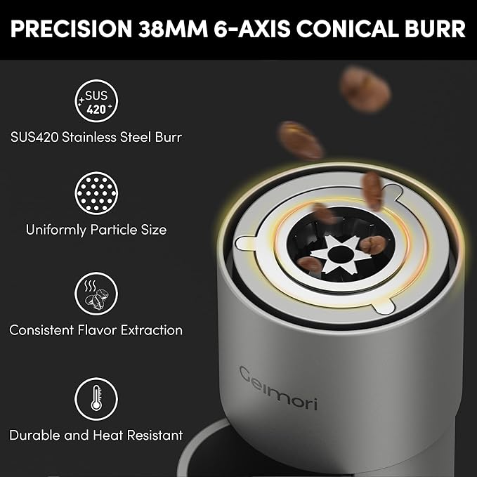 wirsh Burr Coffee Grinder, Portable Electric Coffee Grinder Geimori T38 Plus with 38mm 6-Core Conical Burr,Stepless Grind Settings from Fine to Coarse for Espresso,Drip,French Press,Home&Travel Use