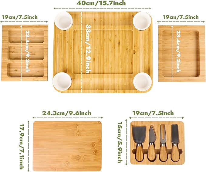 Charcuterie Board Set - Bamboo Cheese Board & Serving Tray with Stainless Steel Knives and Bowls, Housewarming Gifts New Home, Gift for Wedding Couple, Bridal Shower (NLB, 02)