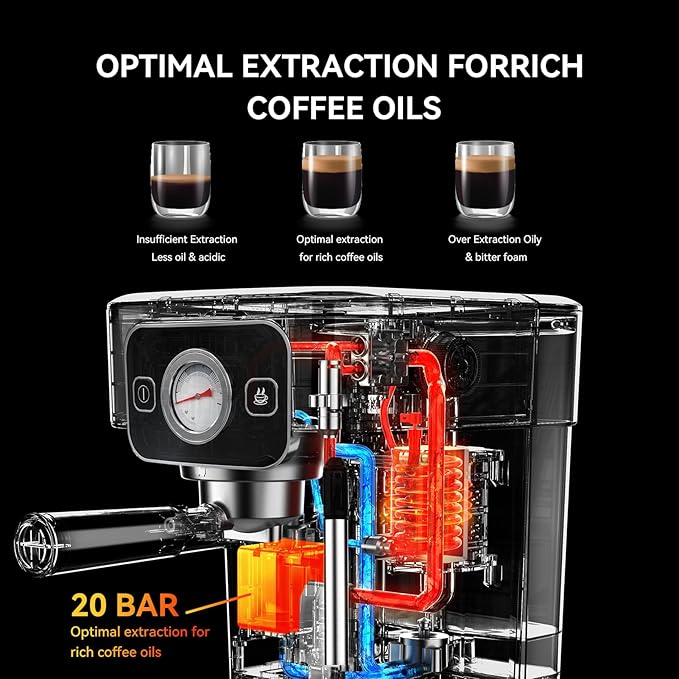 Espresso Machine 20 Bar with Steam Milk Frother, Stainless Steel Coffee Machine with Removable Water Tank for Cappuccino,Latte, Compact Stainless Steel Coffee maker for home,Great Gift