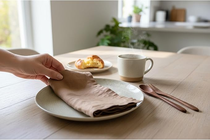 Hemstitched Linen Napkins – 20 Inch x 20 Inch – Stonewashed Pure Linen Cloth Dinner Napkins with Mitered Corners - 100% French Flax – Machine Washable - Set of 4 (Caramel)