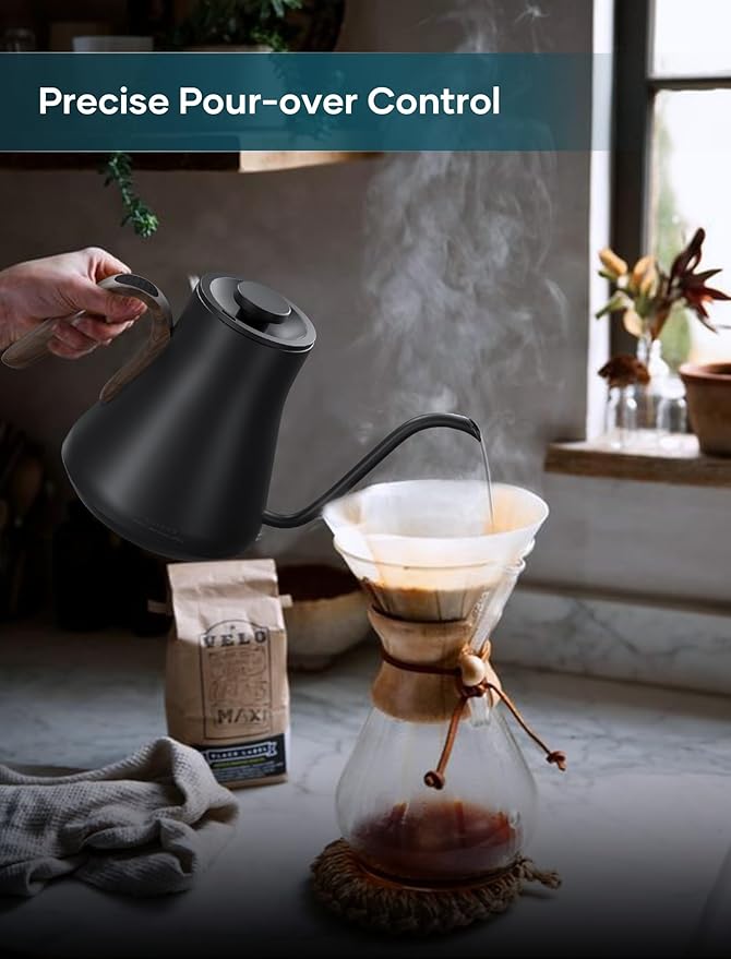 Gooseneck Electric Kettle with ±1℉ Temperature Control for Pour Over Coffee & Tea, Quick Heating, BPA-Free Stainless Steel, Built-in Brew Timer, 1500W/0.9L (Onyx Black)