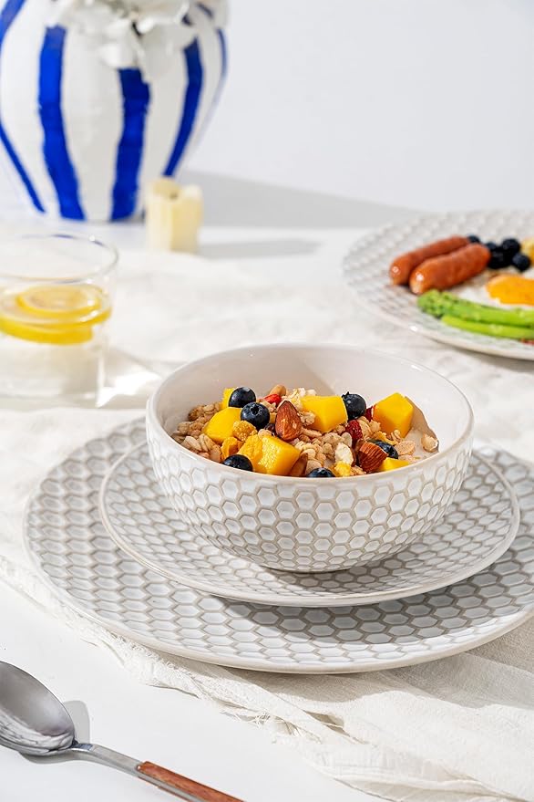 Dinnerware Sets for 4, Ceramic Microwave Safe Plates and Bowls Sets, 12 Piece Matte Chip Resistance Dish Set, Home Essentials Embossment Stoneware Dinnerware Set, Wedding Gift
