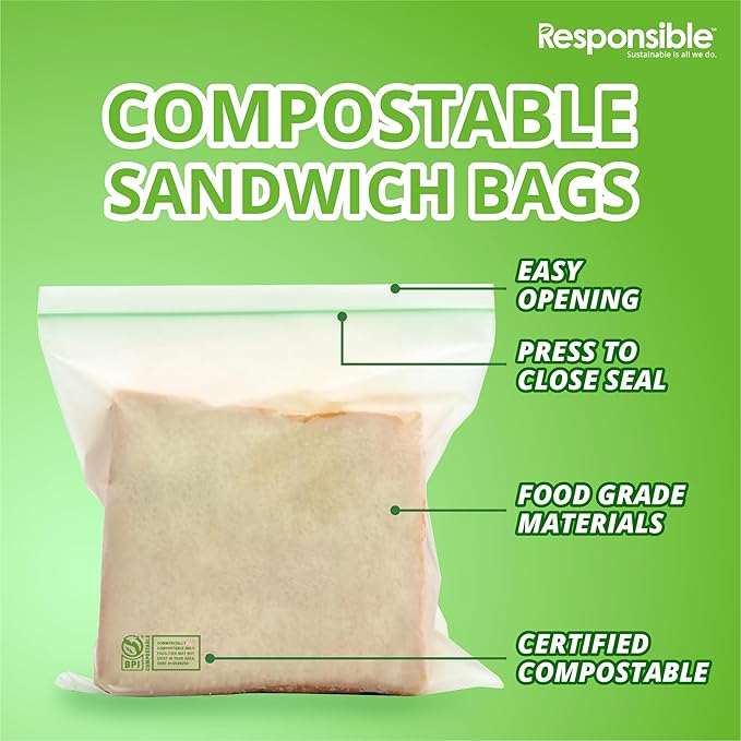 Certified Compostable SANDWICH Resealable Zip Bag, Extra Strength Food Bags, Made from Plant Materials (136 Pack)