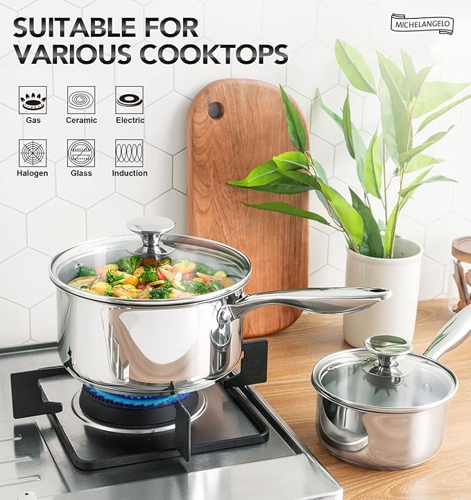 MICHELANGELO 3 Quart Saucepan with Lid, Thick Bottom Sauce Pan Stainless Steel Saucepan with Cover, Nonstick Sauce Pot, Induction Compatible