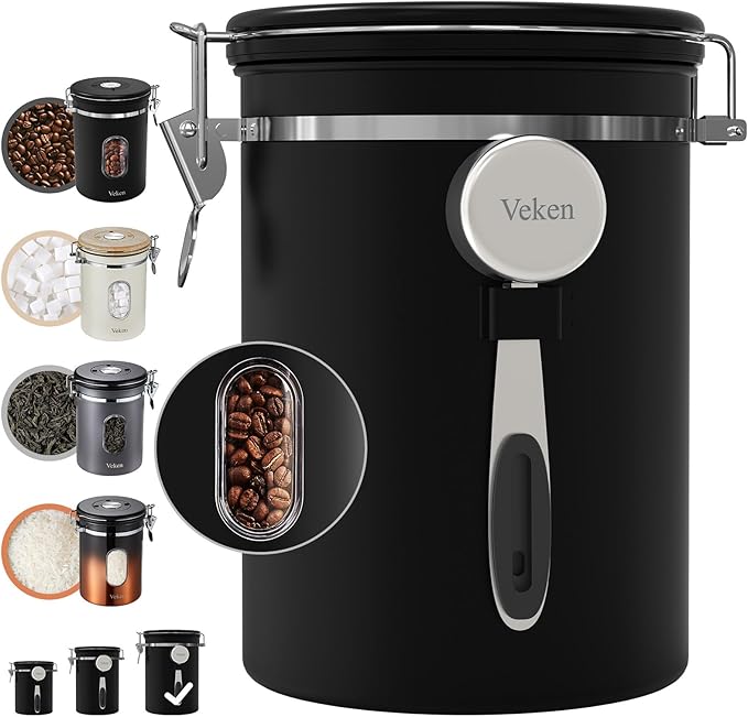 Veken Large Coffee Canister with Window, Rice Kitchen Food Storage Airtight Stainless Steel Container with Lids, Date Tracker and Scoop, Grounds, Beans, Tea, Flour, Cereal, Sugar Jars, 38oz, Black
