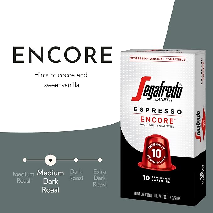 Segafredo Zanetti Espresso Capsules – Aluminum Pods for Nespresso Original Machines – Medium-Dark Roast Premium Espresso with a Rich Aroma – Balanced, Intensity 10 – Encore, 10 Count (Pack of 4)