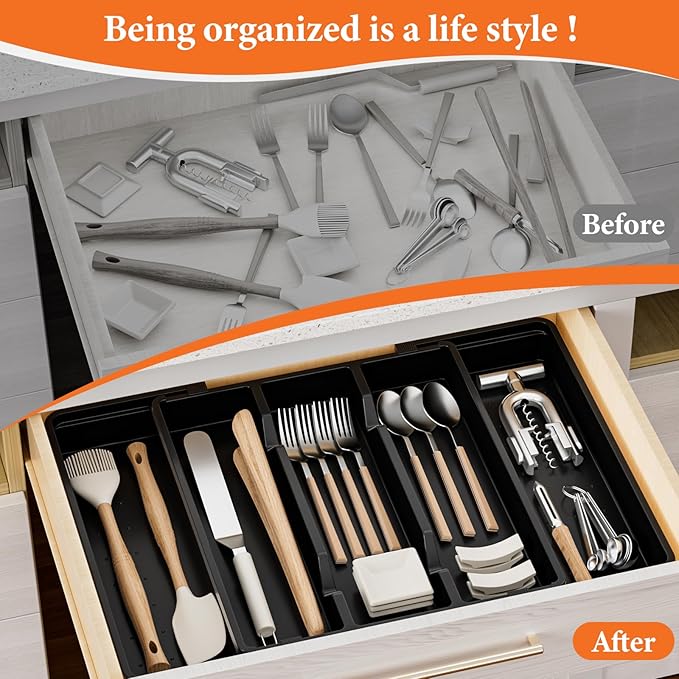 Silverware Organizer, Expandable Utensil Drawer Organizer for Kitchen Drawers, Kitchen Drawer Organizer for Spoons/Forks/Knives, Multipurpose & BPA Free Cutlery Tray, Black, 2 Pack