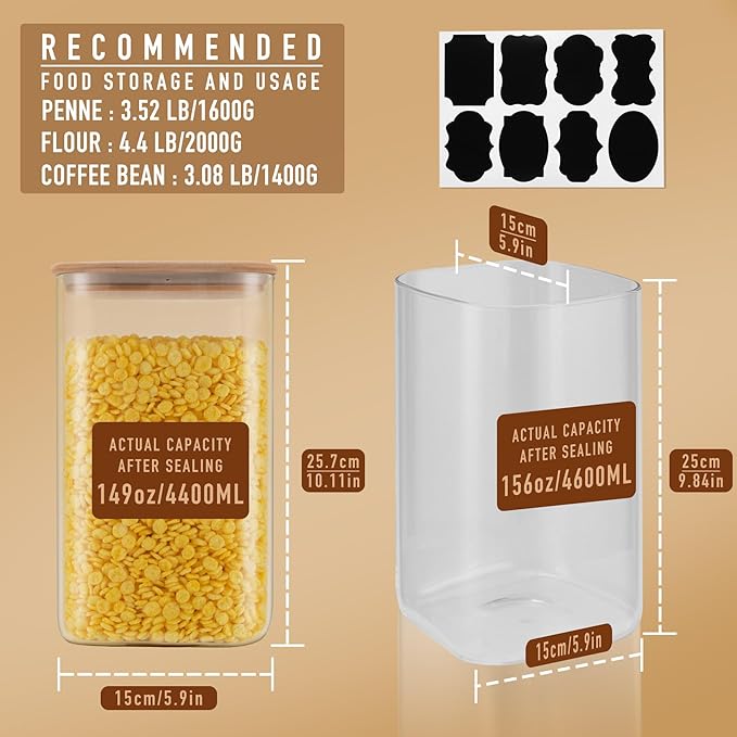 156oz Airtight Glass Square Storage Canister with Bamboo Lid Set of 2(4600ml*2) Large Gallon Glass Jars for Sugar, Flour, Cookies and Coffee beans (‎with Black Lable)