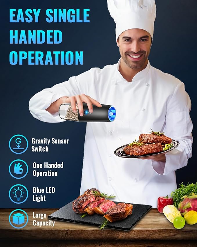 XinXu Rechargeable Pepper and Salt Grinder Set, No Battery Needed, whit Gravity Sensing Switch and LED Light, One Hand Automatic Operation -Black/2 Pack